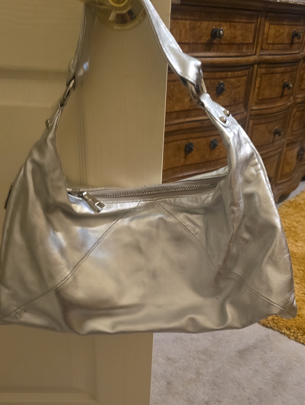 HOBO Silver Metallic Shoulder Hobo Bag (Top & 1 Side Zip)
